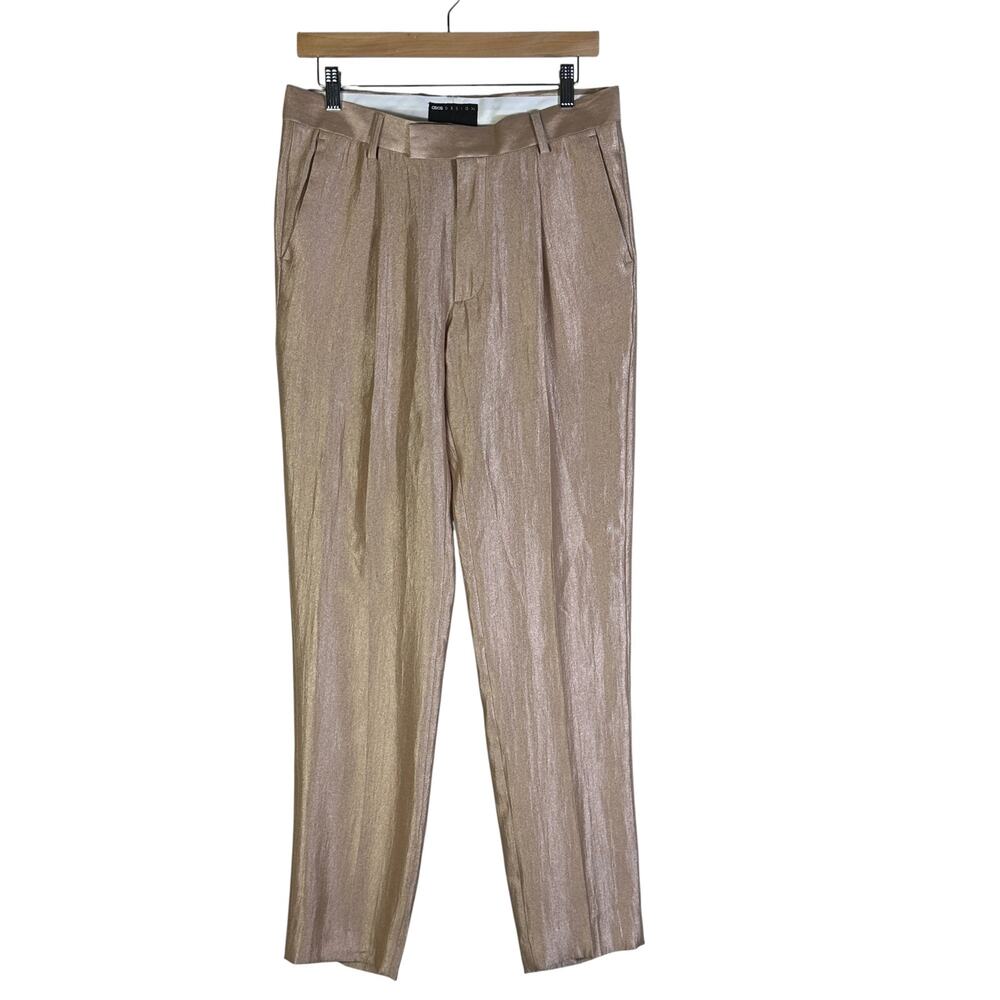 ASOS Pants Mens 31x32 Gold Metallic Shiny Pleated Slim Fit Dress Trousers Formal